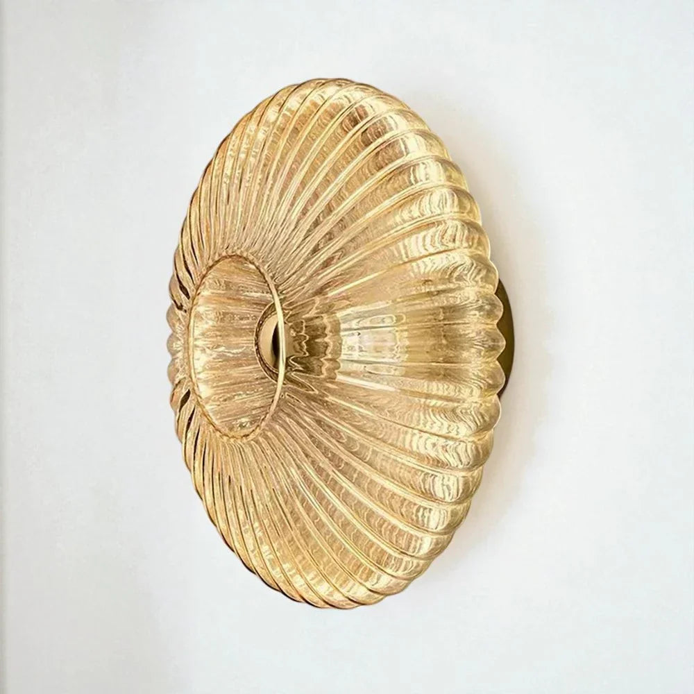 Ronde Glazen Wandlamp Geribbeld Schelp Design Goud Amber Woonkamer | Sansoti