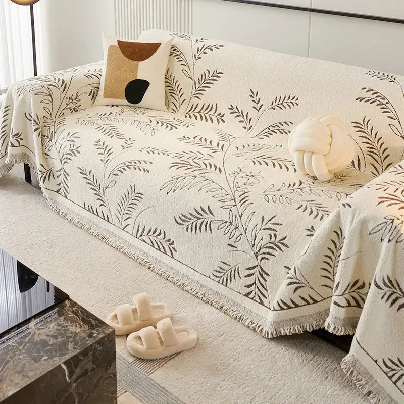 Chenille Jacquard Bankbeschermer met Bladpatroon – Antislip Bankhoes Bescherming | Sansoti