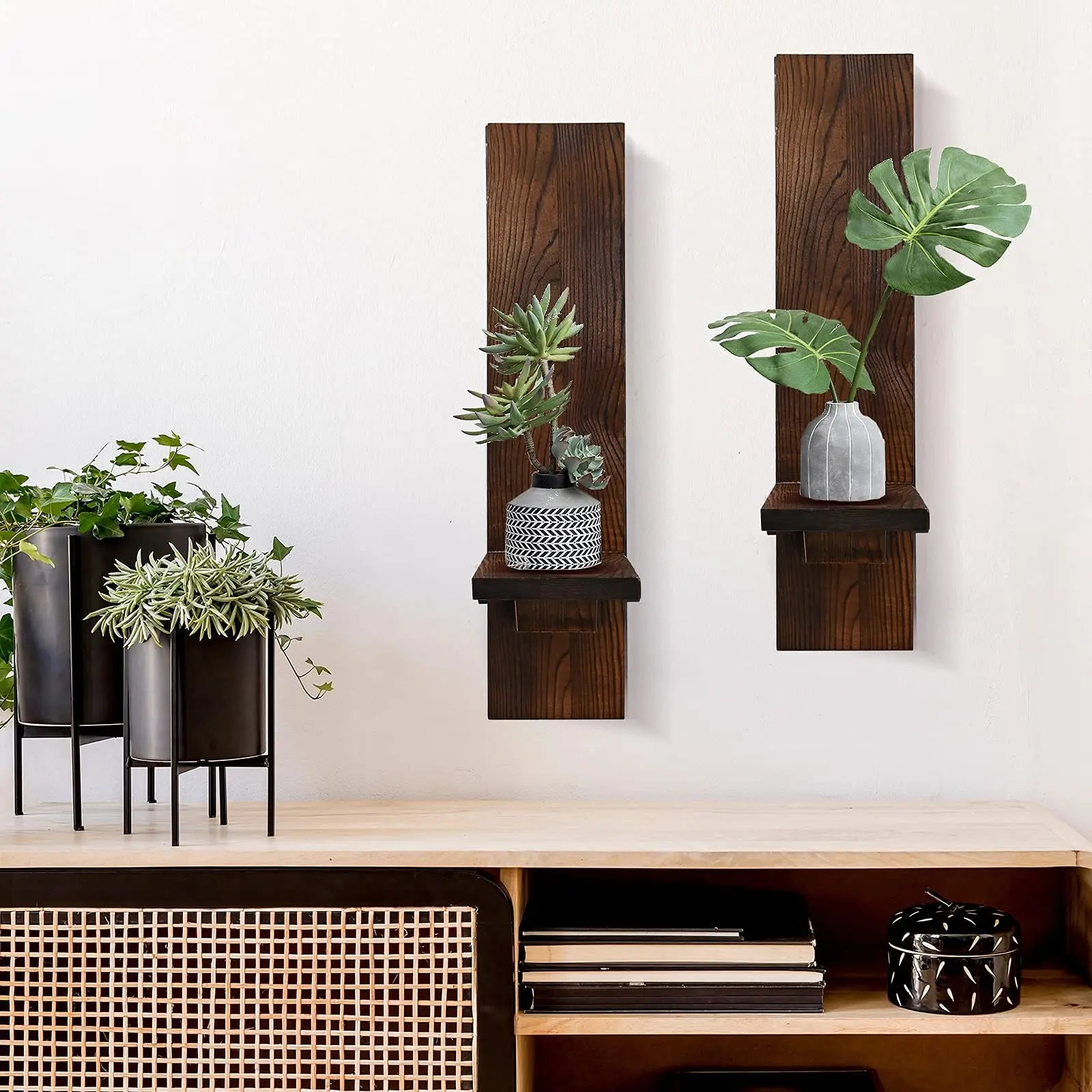 Japandi Wandkandelaar Hout Rustiek Set 2 Stuks Wandmontage Kaarsenhouder Woonkamer Slaapkamer Vintage Muur Decoratie Pilaarkaars Houder | Sansoti