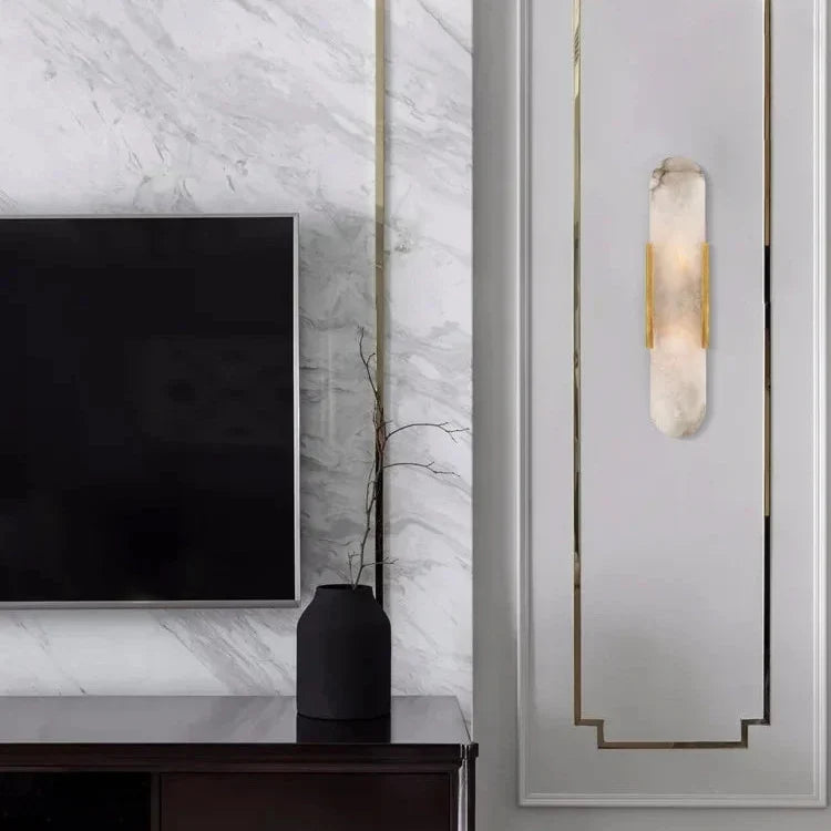 Wandleuchte aus Naturstein mit schwarzem und goldenem Metallschirm 35 cm 50 cm LED-Beleuchtung für Schlafzimmer und Wohnzimmer | Sansoti