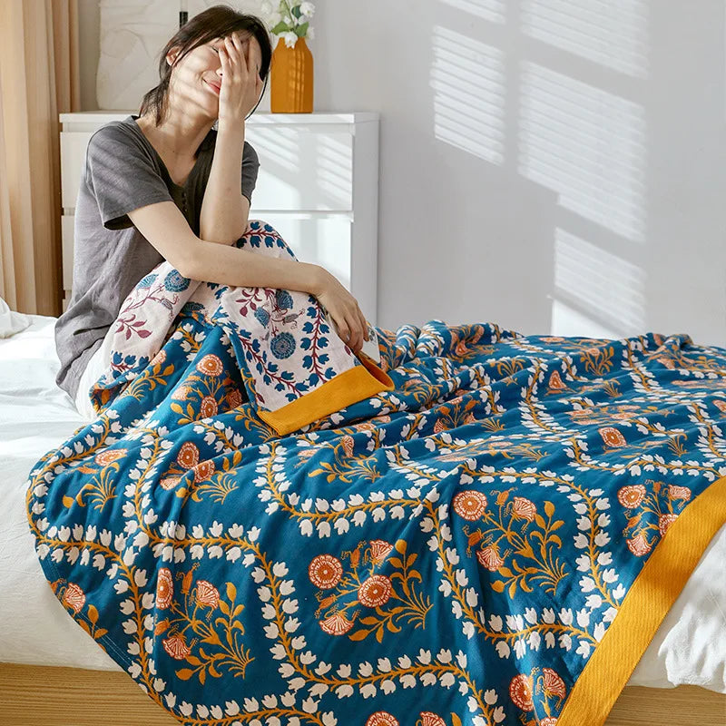 Baumwoll-Sommerdecke, garngefärbt, mit Blumenmuster, für Doppelbett, Landhausstil, leicht und atmungsaktiv | Sansoti