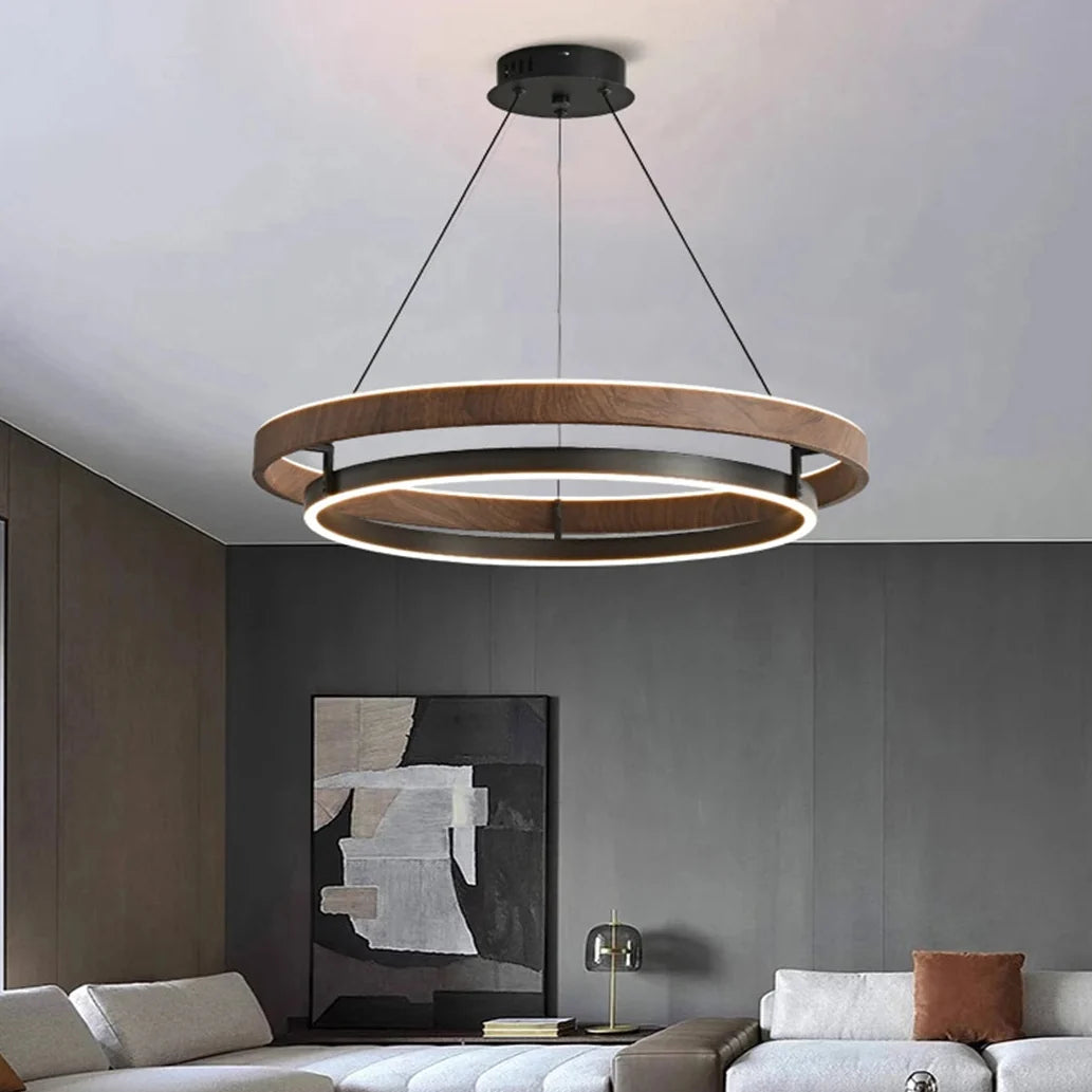 Ronde Kroonluchter Metaal Houtlook Scandinavisch Modern Hanglamp Dimbaar Woonkamer Eetkamer Slaapkamer | Sansoti