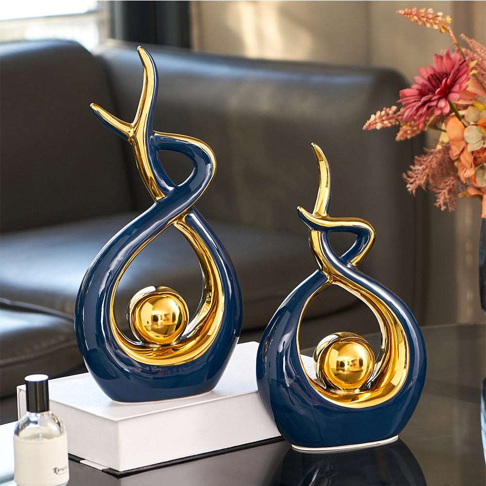 Decoratieve Sculptuur Keramiek Goud Groen Abstract 31cm Woonkamer Tafel Beeld Modern Kunstobject Interieur Decoratie | Sansoti