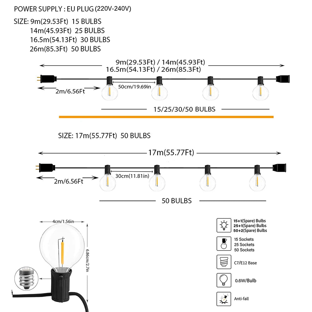 LED Festoen Lichtsnoer Bol G40 Warm Wit Tuin Feest Bruiloft Decoratie Outdoor Sfeerlicht Verlichting 9-26M | Sansoti