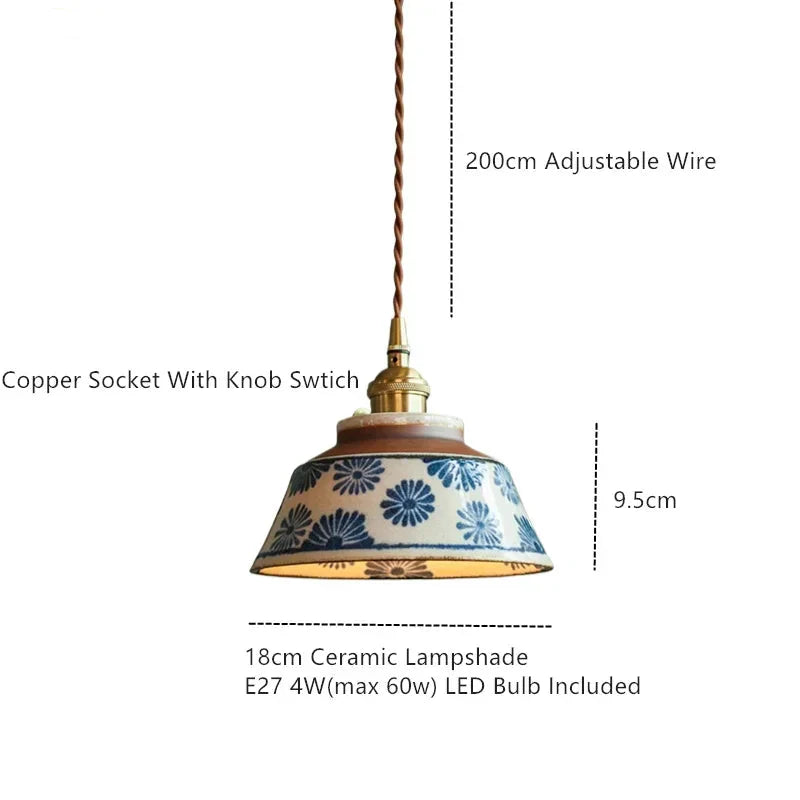 Handgeschilderde Keramische Hanglamp Scandinavisch Design Met Koperen Fitting Bloemenpatroon Voor Eettafel Keuken En Slaapkamer | Sansoti
