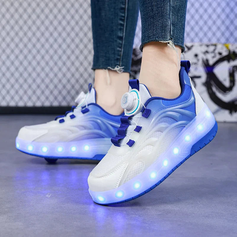 LED rolschaats schoenen USB oplaadbaar roze blauw kindersneakers met wielen lichtgevende skates voor buiten jongens meisjes | Sansoti