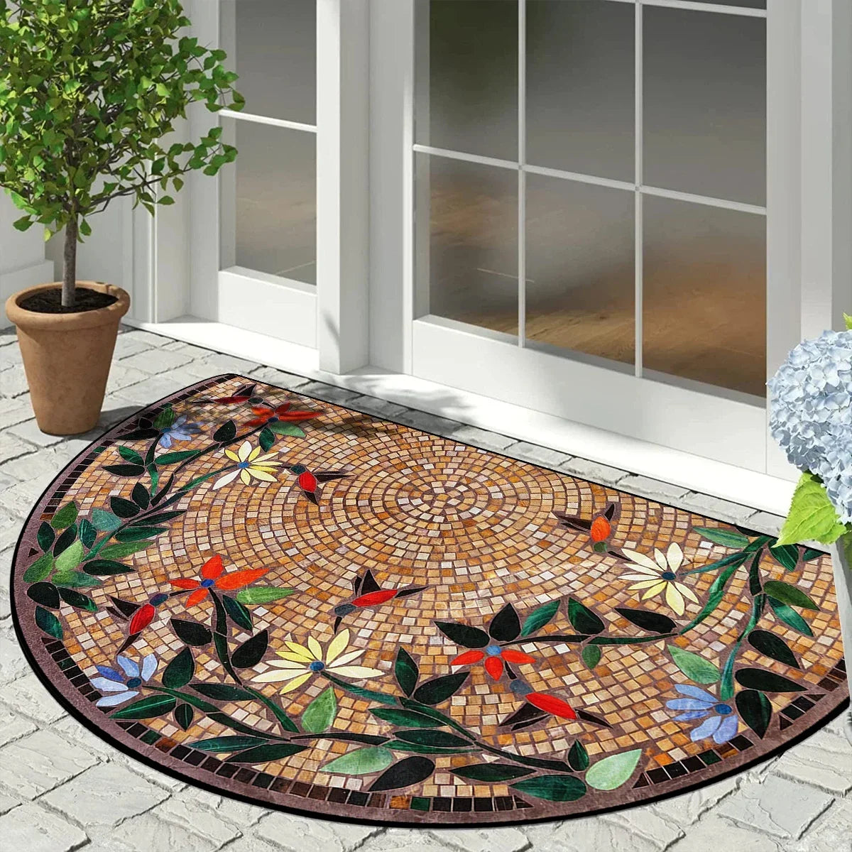 Buiten kleed - VIKAMA Halfronde Mozaïek Antislip Vloermat Vintage Bloemen Geometrisch Patchwork Patio Ingang Veranda Balkon Hoog Verkeersgebied