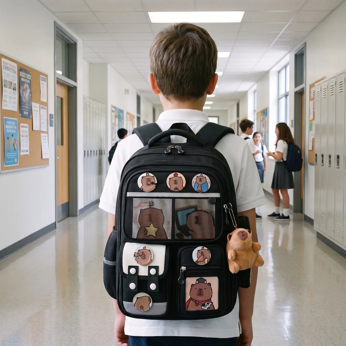 Children's Backpack with Capybara Pattern 38-42cm Adjustable Multiple Compartments Reflective Strips School Backpack | Sansoti
