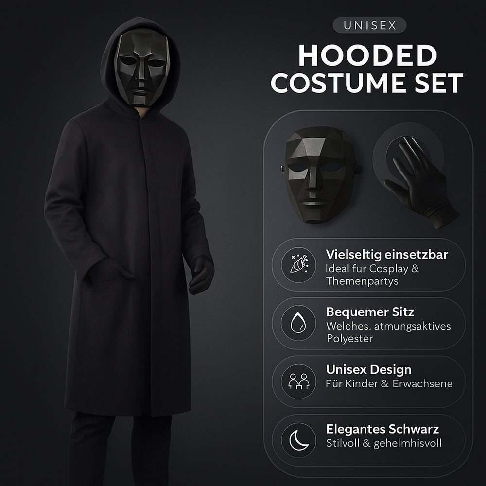 Mysterieus Kapuzenkostuum Zwart met Masker & Handschoenen Unisex Halloween Cosplay Party Outfit voor Kinderen & Volwassenen | Sansoti