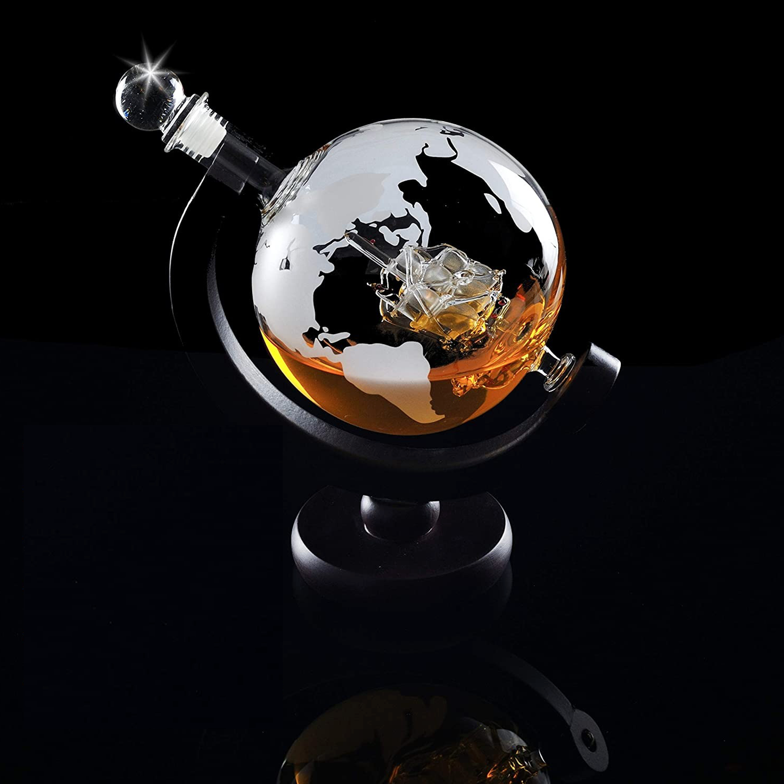 Glazen Wereldbol Karaf 250ml Goudkleurig met Zeilschip Whisky Decanteerkaraf Decoratief voor Woonkamer Kasten Dranken Opslag Geschenkidee voor Globetrotters Reizigers | Sansoti