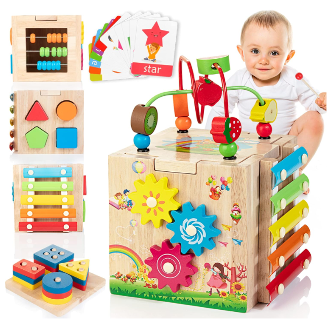 8-in-1 Houten Activiteitenkubus voor Peuters – Montessori Ontdekkubus met Xylofoon & Kralenframe | Sansoti