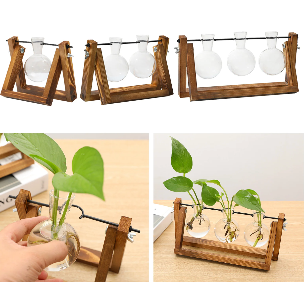Plantenpropagator Standaard Hout & Glas Stekhouder Vintage Stijl voor Kamerplanten | Sansoti