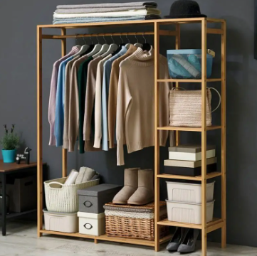 Porte-Vêtements Bambou Armoire Ouverte avec Étagères 90x145cm Bois Naturel | Restfield