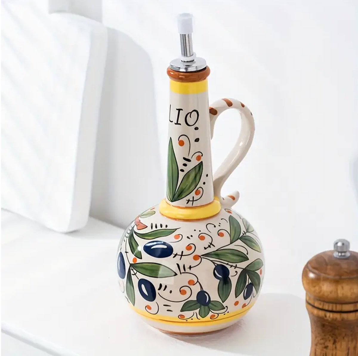 Handbemalter keramischer Öldosierer 700ml mit Edelstahlausgießer - elegante dekorative Ölflasche für Küche und Tisch | Sansoti