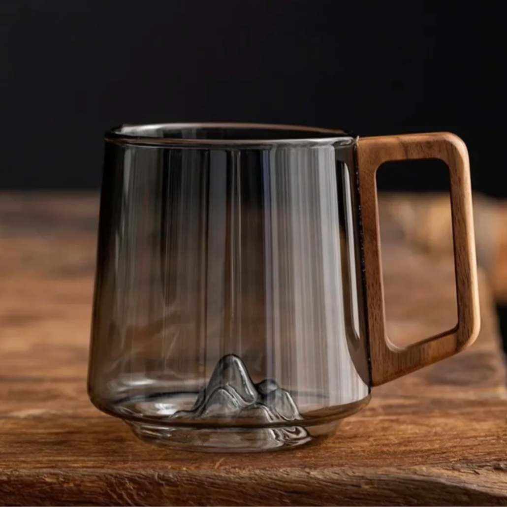 Glazen Bergpiek Beker met Dubbele Wand 300ml – Hittebestendig Borosilicaatglas met Houten Handgreep voor Koffie en Thee | Sansoti