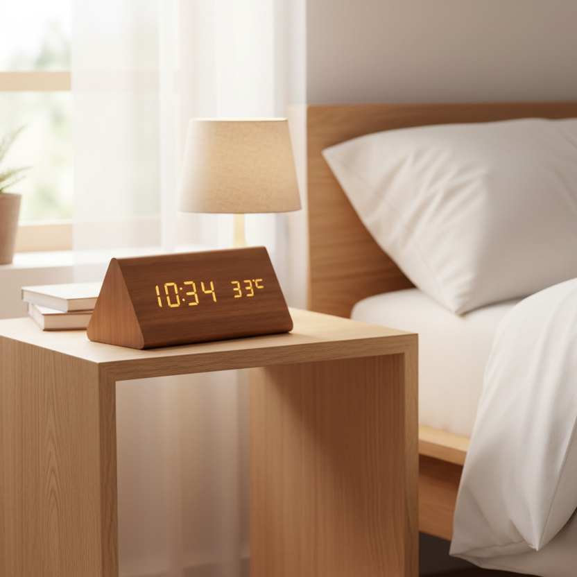 Digitaler Wecker in Holzoptik LED-Display Sprachaktivierung Dimmbar Zeitanzeige Tischuhr Modernes Schlafzimmer | Sansoti