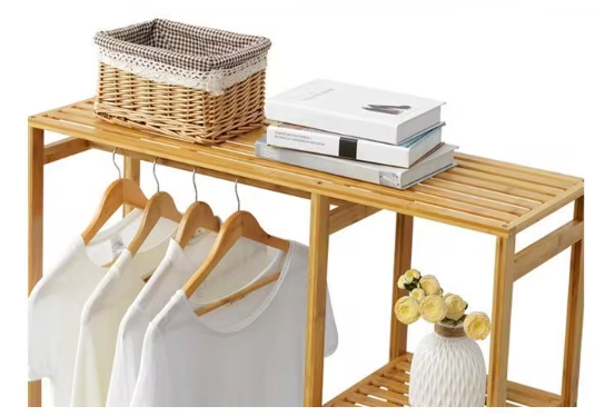 Porte-Vêtements Bambou Armoire Ouverte avec Étagères 90x145cm Bois Naturel | Restfield