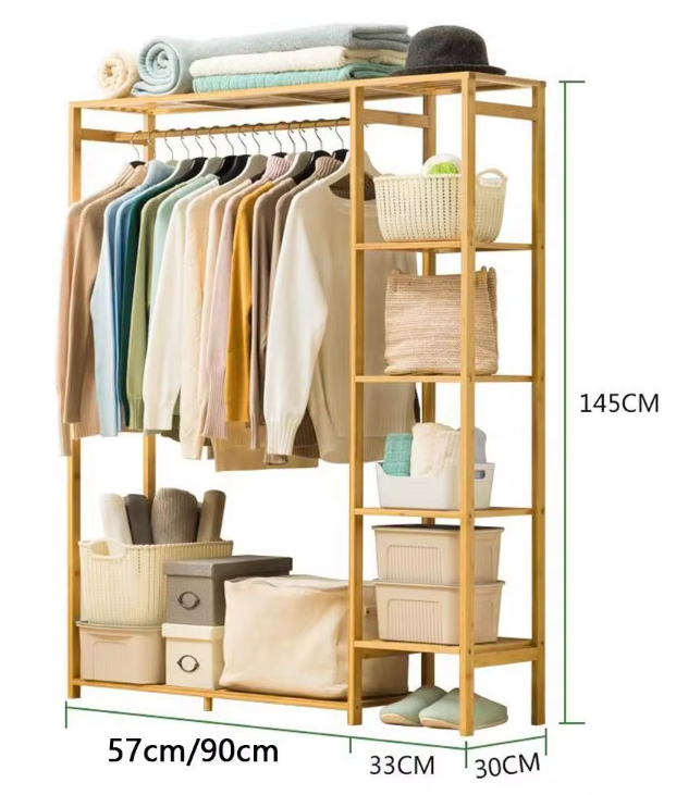 Porte-Vêtements Bambou Armoire Ouverte avec Étagères 90x145cm Bois Naturel | Restfield