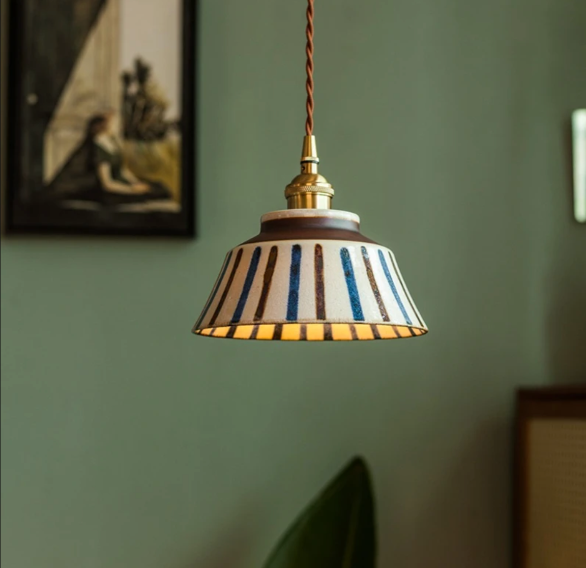 Handbemalte Keramik-Hängelampe Skandinavisches Design mit Kupferfassung Blumenmuster für Esstisch, Küche und Schlafzimmer | Restfield