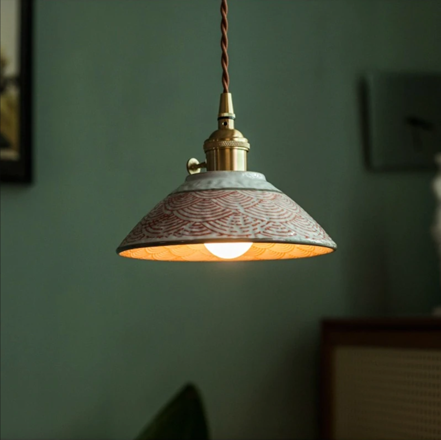 Handbemalte Keramik-Hängelampe Skandinavisches Design mit Kupferfassung Blumenmuster für Esstisch, Küche und Schlafzimmer | Restfield