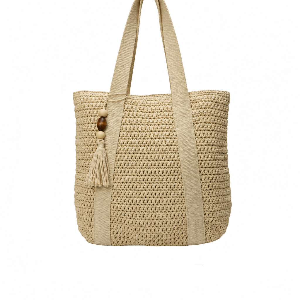 Geflochtene Raffia-Schultertas für Damen, sommerliche Boho-Handtasche, Shopper und Strandtasche, Beige, Braun, Grün, Natur | Sansoti