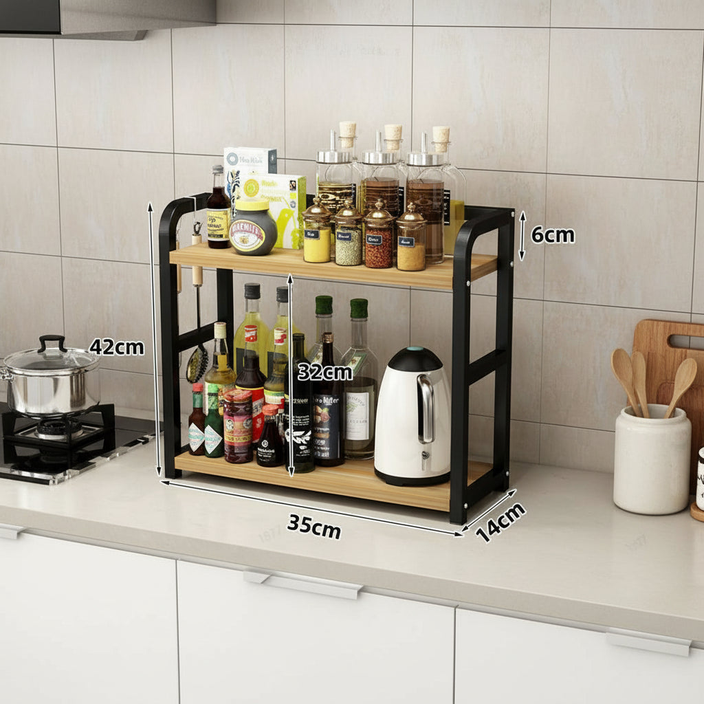 Küchenarbeitsplatten-Organizer, 2-stöckiges Metallregal, Aufbewahrungsregal für Tassen, Kaffeebar- und Gewürzregal, kompakt und platzsparend | Sansoti