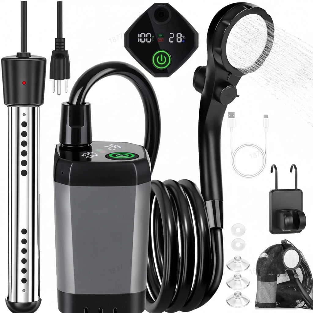 Tragbare Campingdusche mit digitalem Display, wiederaufladbarem 6000-mAh-Akku und einstellbarem Strahl für Reisen und Camping | Sansoti