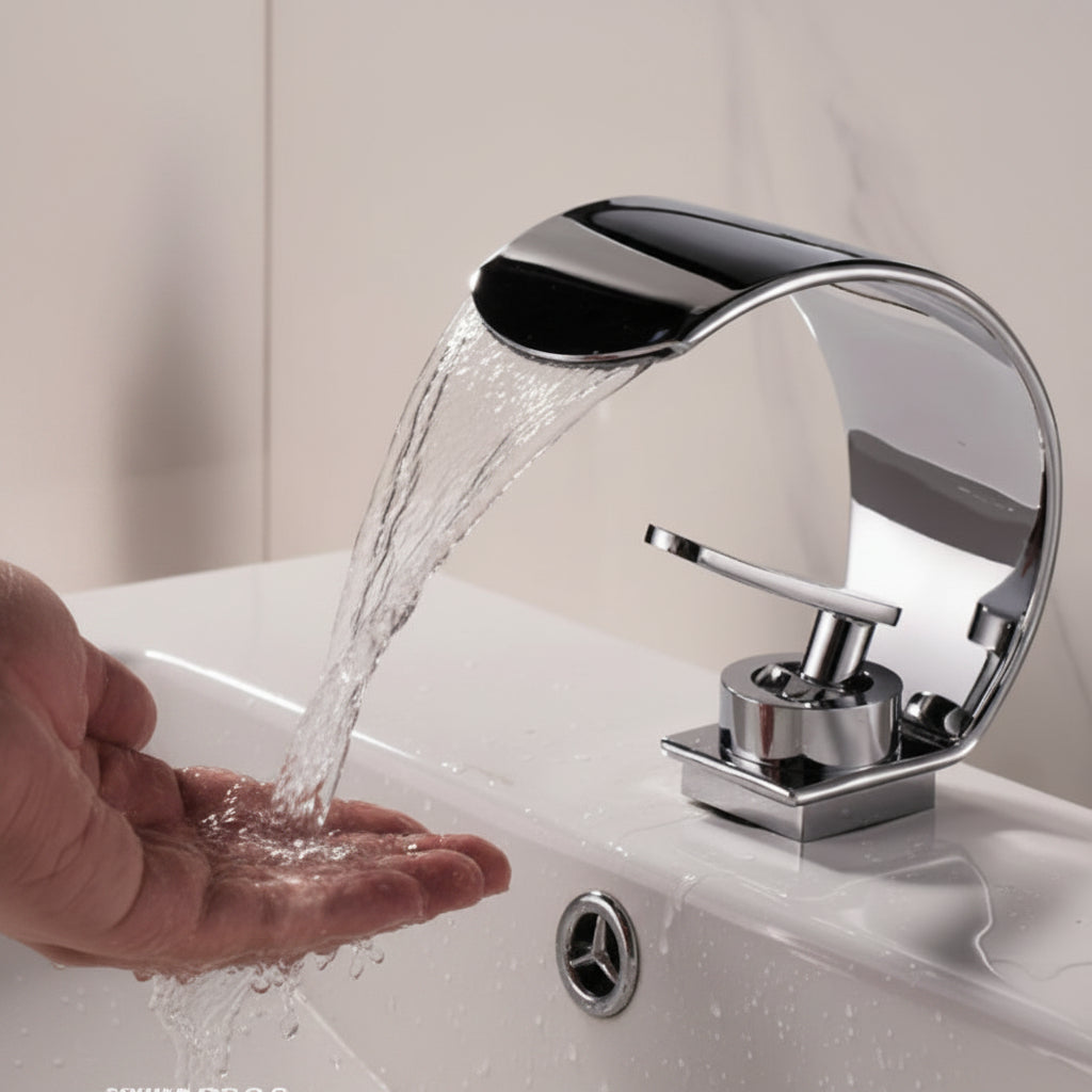 Wasserfall-Waschtischarmatur, gebogen, Chrom, Edelstahl, Spiegelfinish, Einhebelmischer, Einlochmontage, moderne Badarmatur | Sansoti