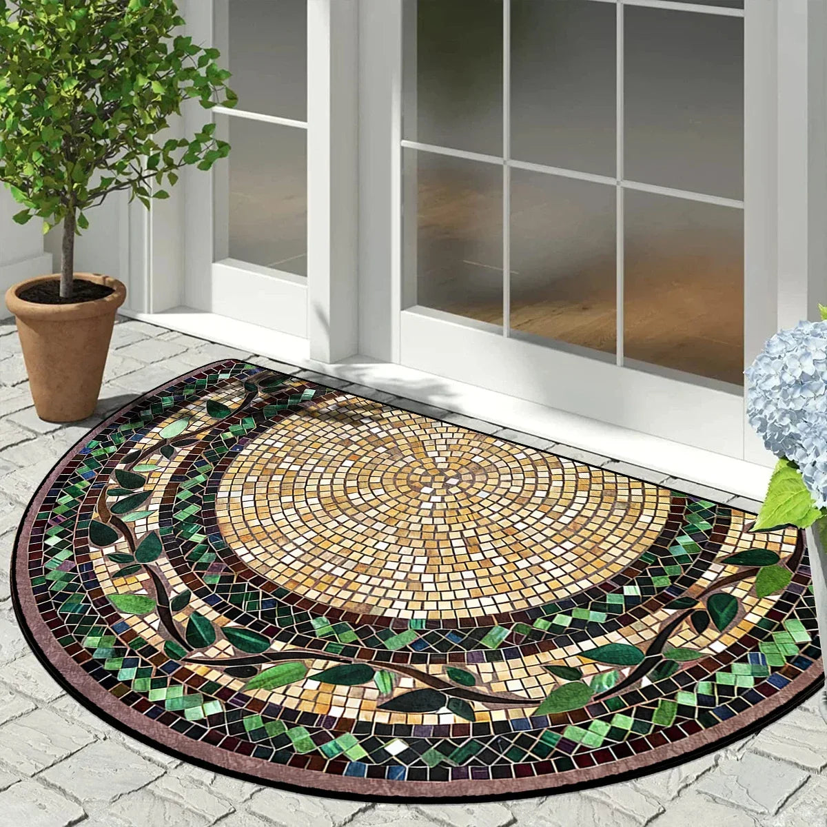 Paillasson semi-circulaire Motif mosaïque vintage Antidérapant extérieur Balcon Entrée Véranda Terrasse 60x90cm Résistant aux intempéries | Sansoti