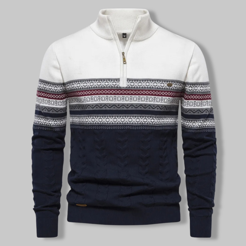 Herren-Zopfpullover mit Viertelreißverschluss, Alpenweiß, Dunkelblau, Bordeauxrot, Fair-Isle-Strickmuster, Wolle, warm, Winterkomfort | Sansoti