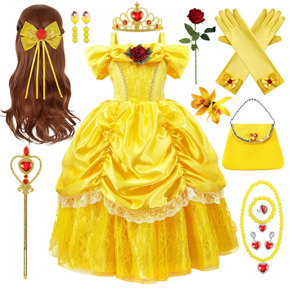 Prinsessenjurk voor Kinderen Cosplay Kostuum met Tiara en Accessoires Geel | Sansoti