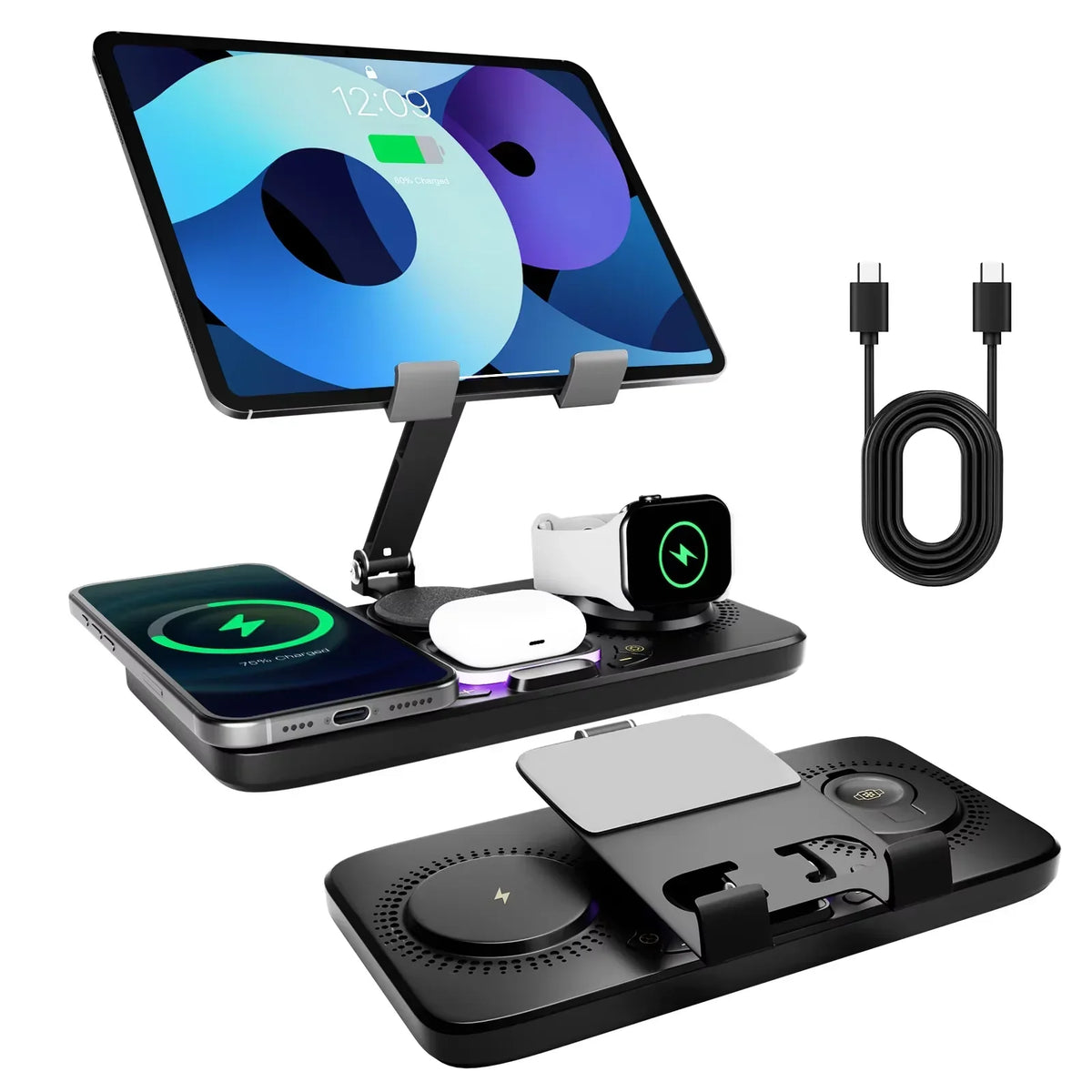 7-in-1 Wireless Charging Station with Adjustable Tablet Holder, Multi-Device Qi Charger, Black White Organizer | Sansoti