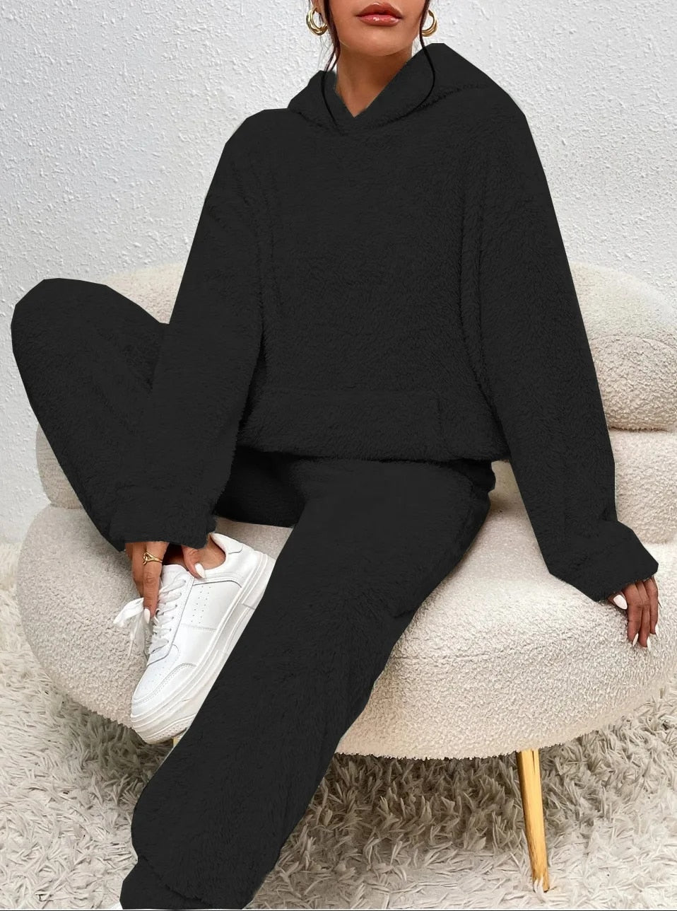 Teddy-Loungewear-Set mit Kapuze für Damen, Grau, Beige, Grün, Winteranzug aus Fleece, zweiteiliger weicher Hausanzug mit Hose | Sansoti
