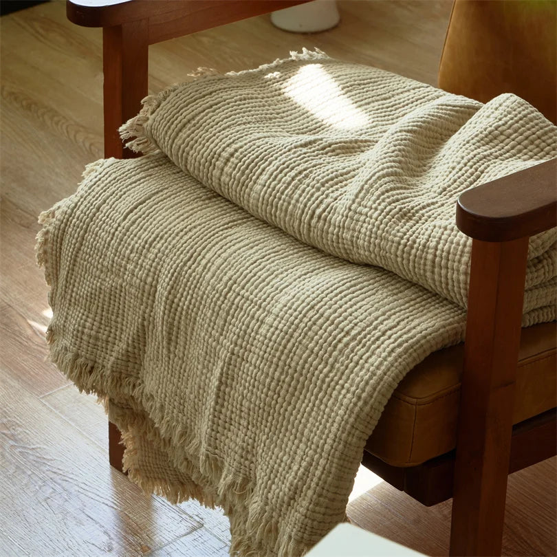 Plaid en mousseline à pompons en pur coton, tissé en six couches, pour canapé et lit, climatisation, salon et chambre, élégant | Sansoti