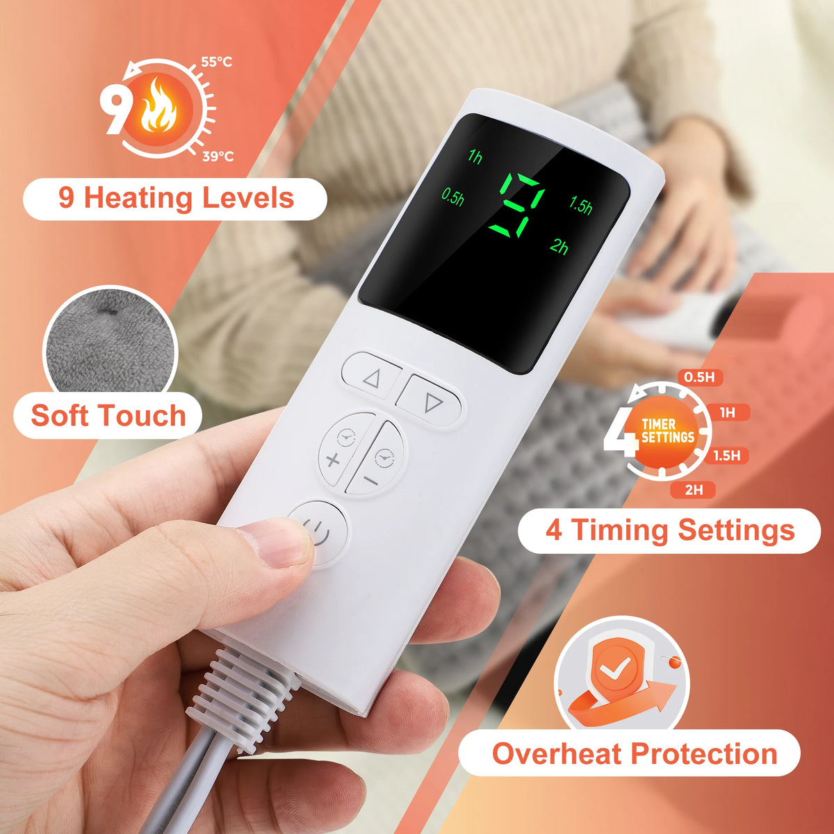 Electric Heating Pad with Adjustable Temperature and Timer for Back, Neck, Abdomen, Legs, Home or Office | Sansoti