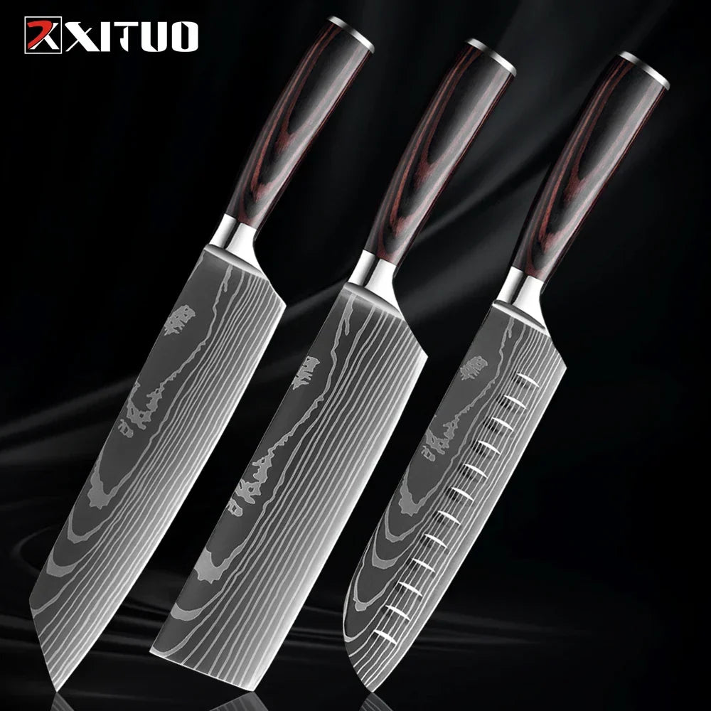 Professionelles Messerset aus Edelstahl, Kochmesser, Santokumesser, Gemüsemesser mit Holzgriff, Küchenutensilien, 1-9-teiliges Küchenmesserset | Sansoti