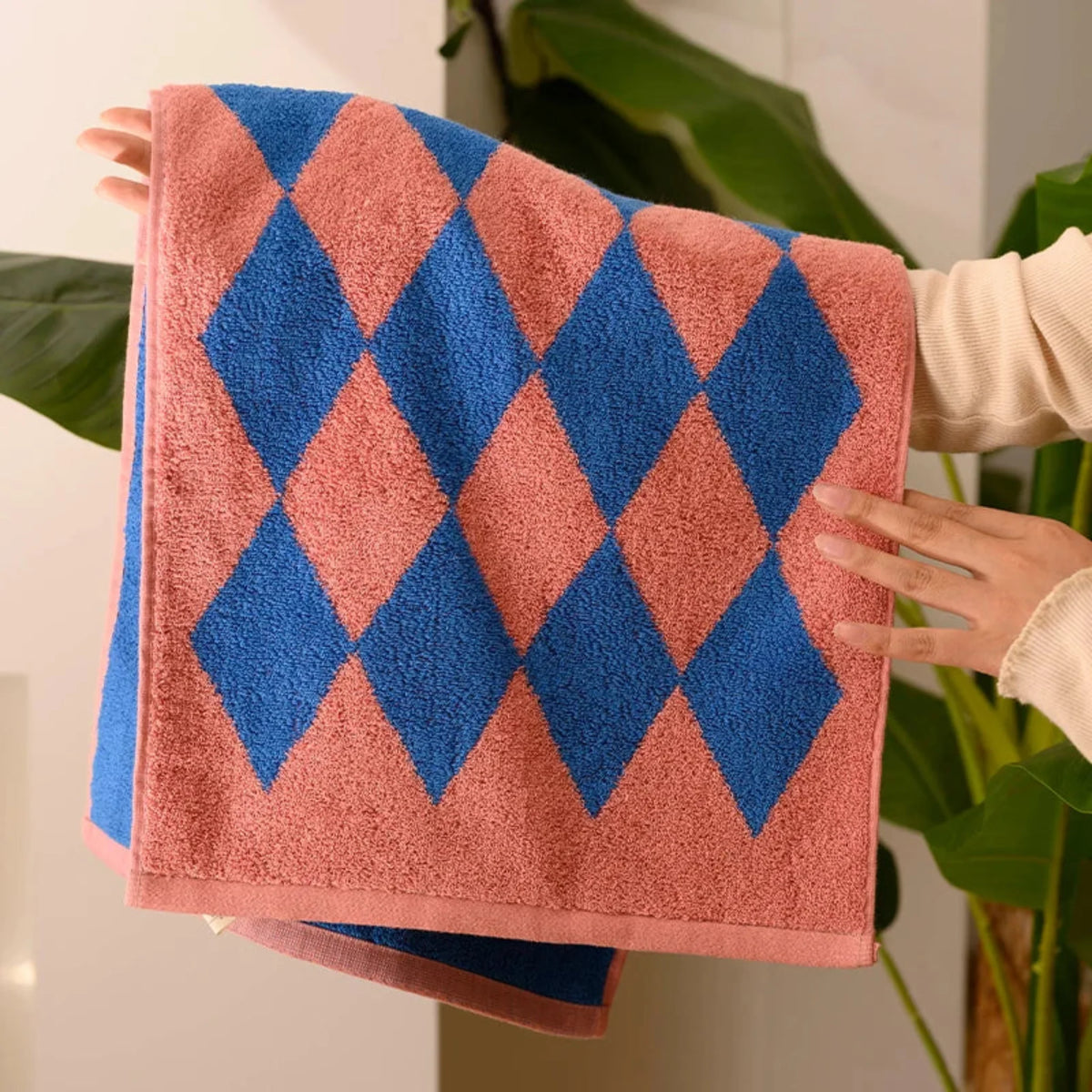 Baumwollhandtuch in Blau mit Streifen, 100 % Baumwolle, Badezimmer, Gesichts- und Badetuch, Jacquard, Retro-Design, saugfähig | Sansoti
