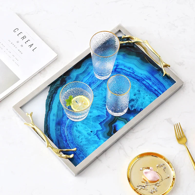 Decoratief Dienblad met Blauwe Agaatpatroon – Elegant Serveerblad met Glazen Inleg en Edelstalen Rand – Uniek Natuursteen Design voor Tafel en Interieur | Sansoti