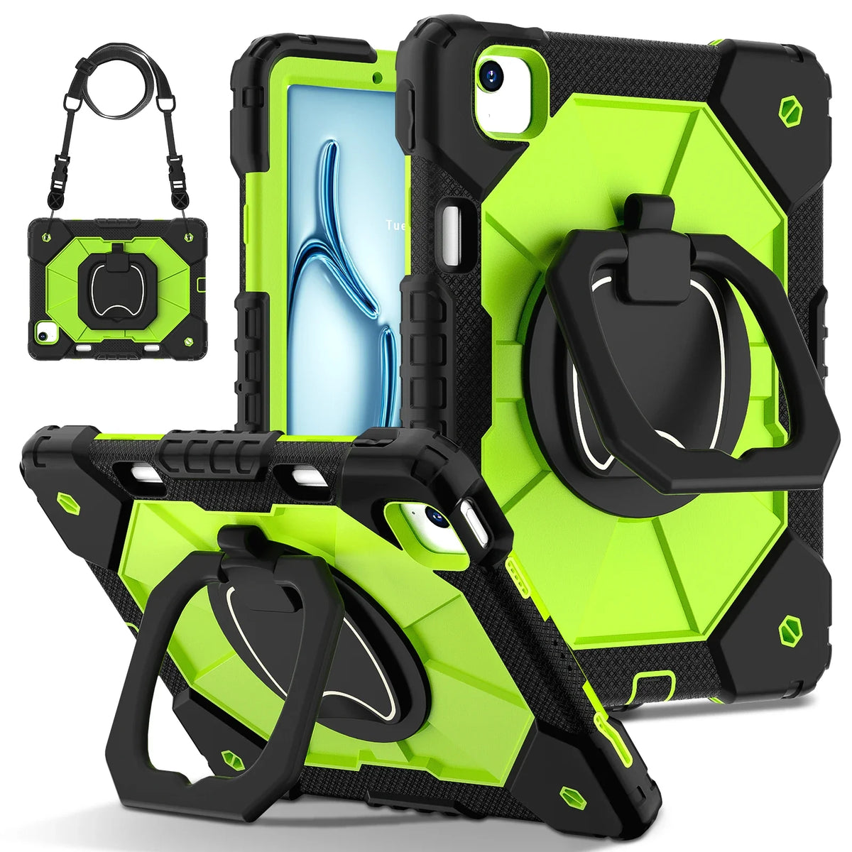 Rugged iPad Case with Ring Grip Three-Layer Protection Kickstand Shoulder Strap Screen Protector Black Orange | Sansoti
