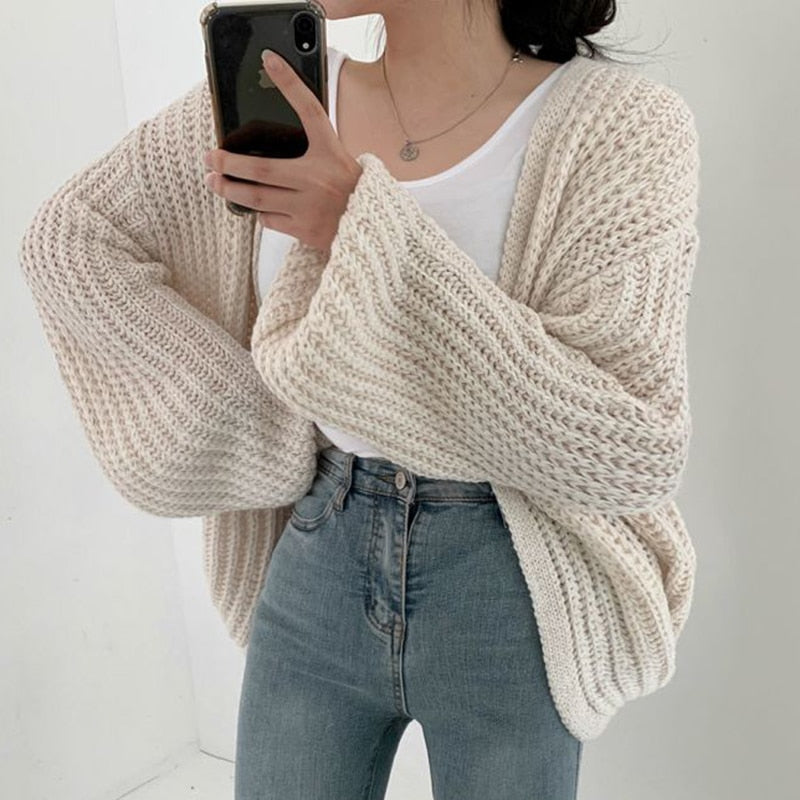 Grofgebreid Oversized Vest met Ballonmouwen Kabelpatroon Dames Open Cardigan Universele Maat Gebreid | Sansoti