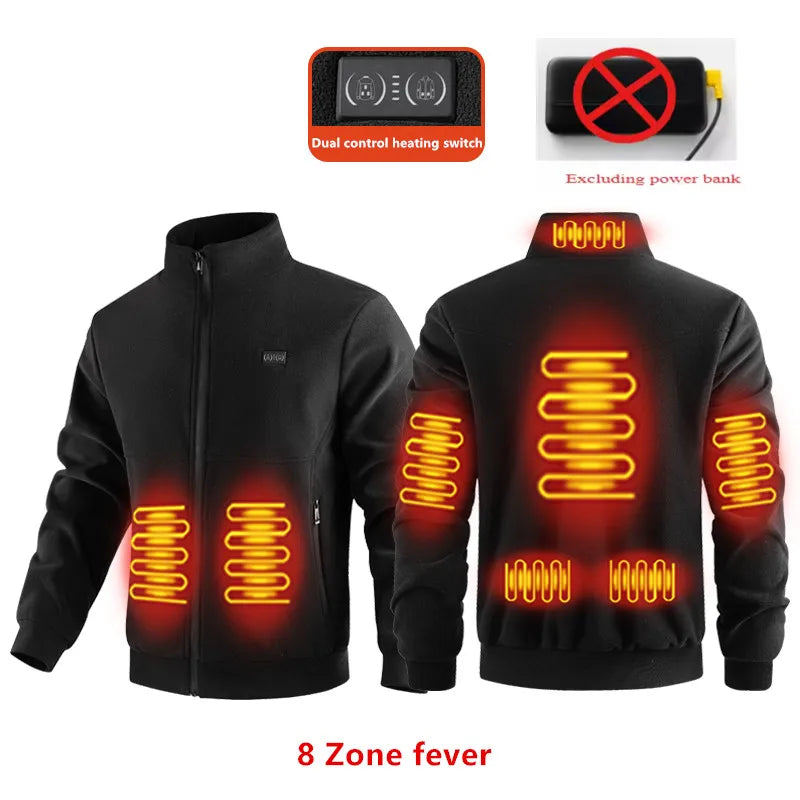 Beheizte Winterjacke mit 8 Wärmezonen, Fleece, Unisex, beheizbare Thermojacke mit USB, Outdoorjacke zum Skifahren | Sansoti