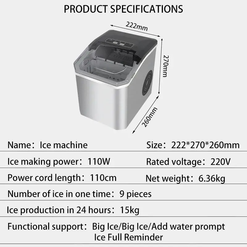 Eismaschine Automatisch Edelstahl 110W 15kg pro Tag Küche Bar Büro Selbstreinigend Eiswürfelmaschine 2 Größen Schnell 9 Würfel | Restfield