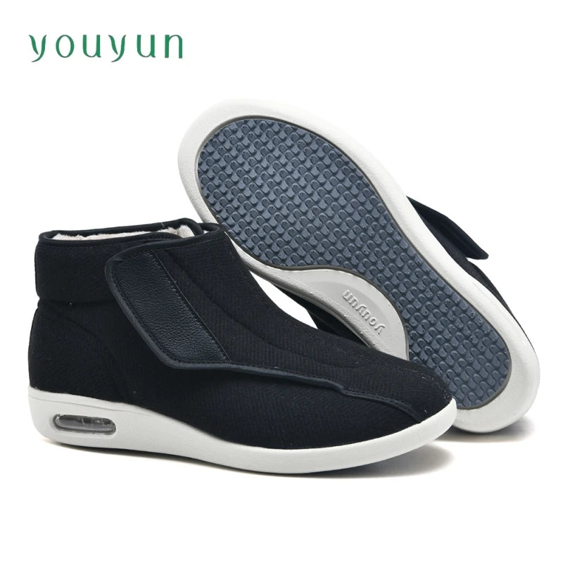 Verstellbare Wanderschuhe, hoch gefüttert, breites Fußbett, Klettverschluss, Unisex, Senioren, Outdoor, schwarz-grau | Sansoti