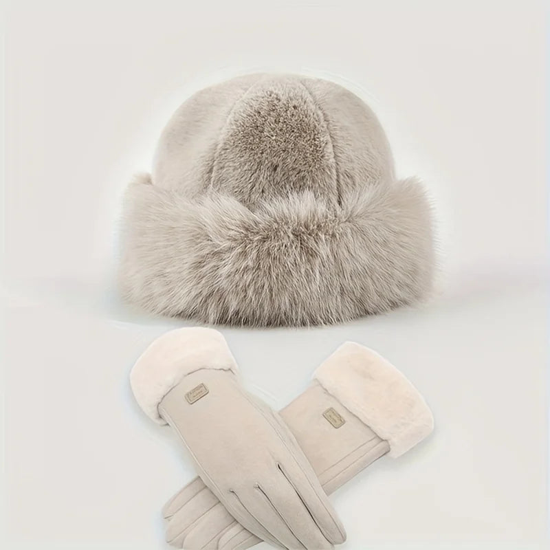 Dames wintermuts en handschoenenset van dik pluche, warme pluche vissersmuts, elegant en schattig, essentieel voor herfst en winter