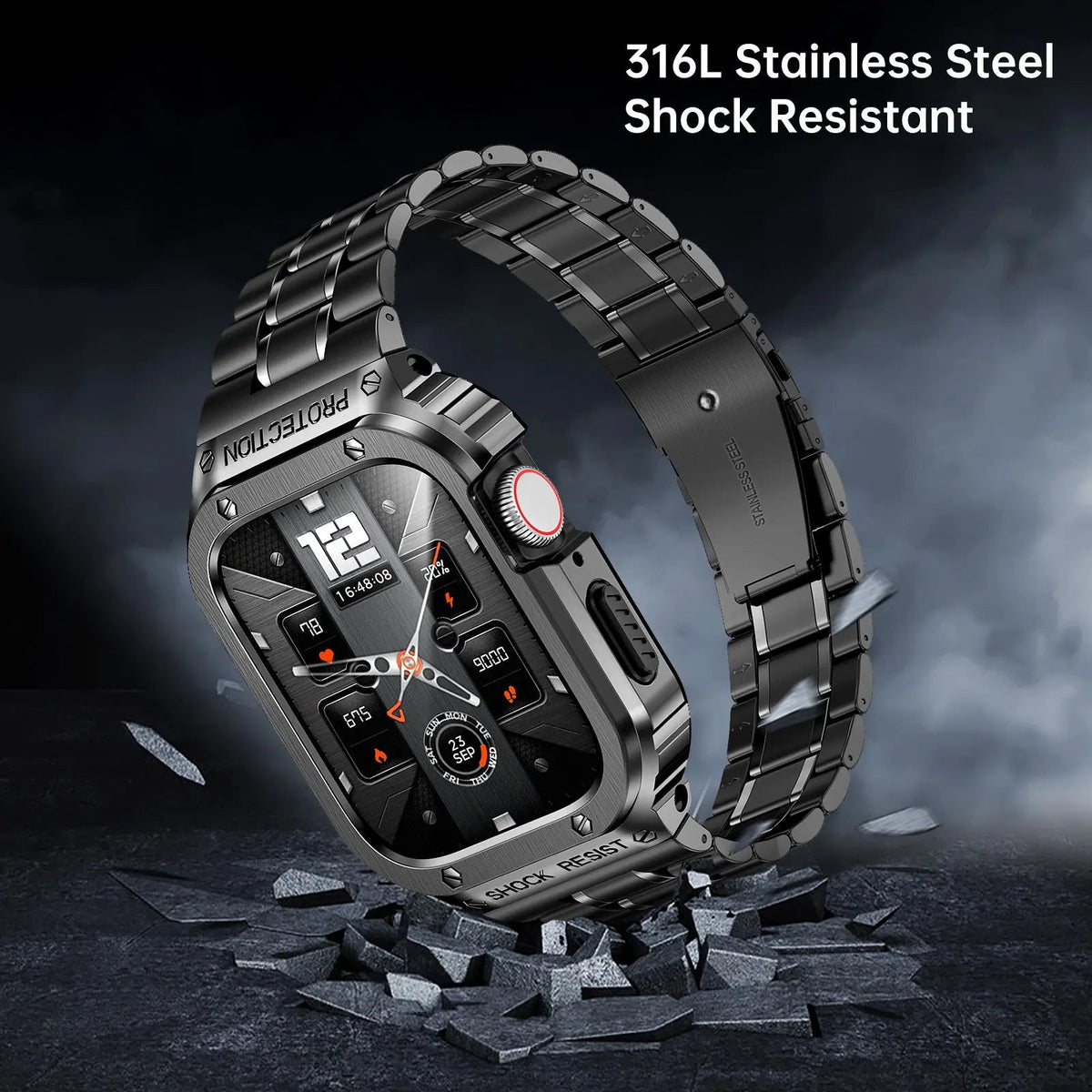 Edelstahl-Uhrenarmband mit Schutzhülle, 45 mm, 44 mm, Smartwatch-Zubehör, Schwarz, Silber, Gold, stilvoll | Sansoti