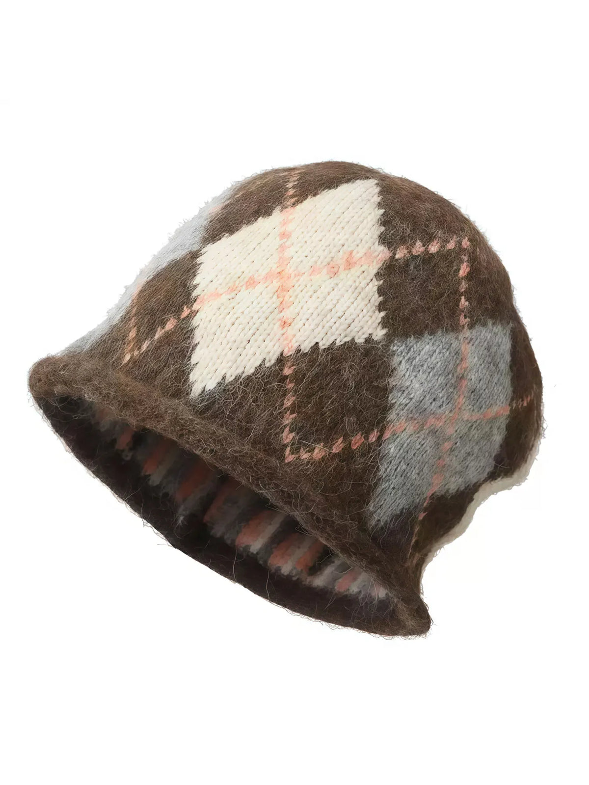 Knitted Hat with Ear Flaps Plaid Pattern Unisex Winter Hat Warm Retro Diamond Plaid Wool Headwear Winter | Sansoti