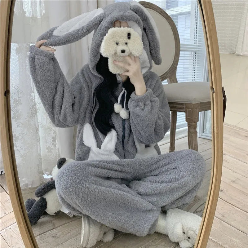 Combinaison-pyjama avec capuche et oreilles en velours chaud, vêtements d'intérieur pour femmes et hommes, tenue de nuit d'hiver et vêtements de détente | Sansoti