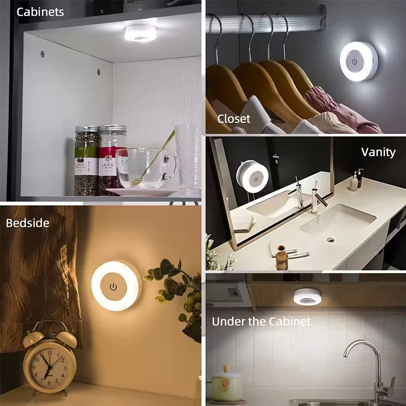 Ładowana lampka nocna LED z dotykowym sterowaniem, magnetyczna, okrągła, 6 cm, ciepłe białe światło, USB, kinkiet do sypialni | Sansoti