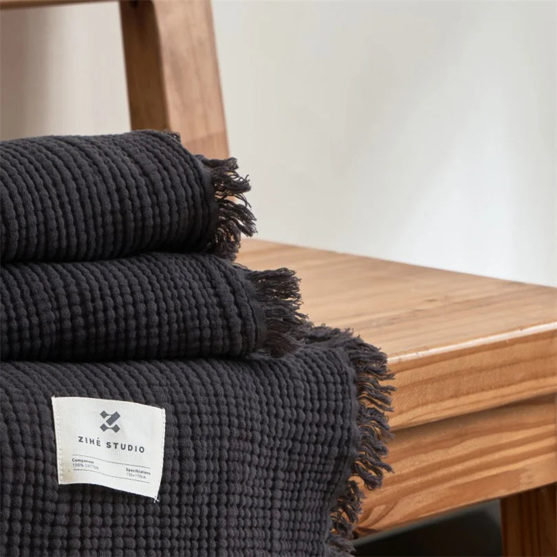Plaid en mousseline à pompons en pur coton, tissé en six couches, pour canapé et lit, climatisation, salon et chambre, élégant | Sansoti