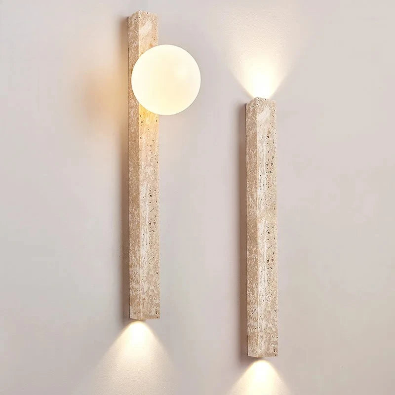 Japandi Wandleuchte Stein Travertin LED Khaki Wabi-Sabi Stimmungslicht Wohnzimmer Schlafzimmer Esszimmer Lange Wandkerzenhalter 90-260V | Restfield